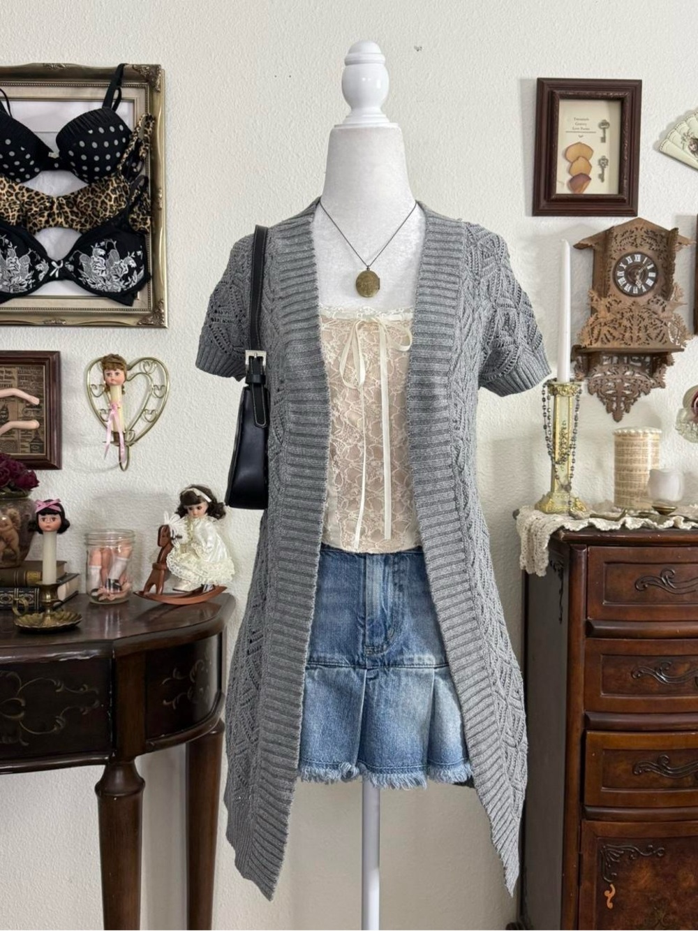 Y2k boho fairy grunge grey knit short sleeve cardigan